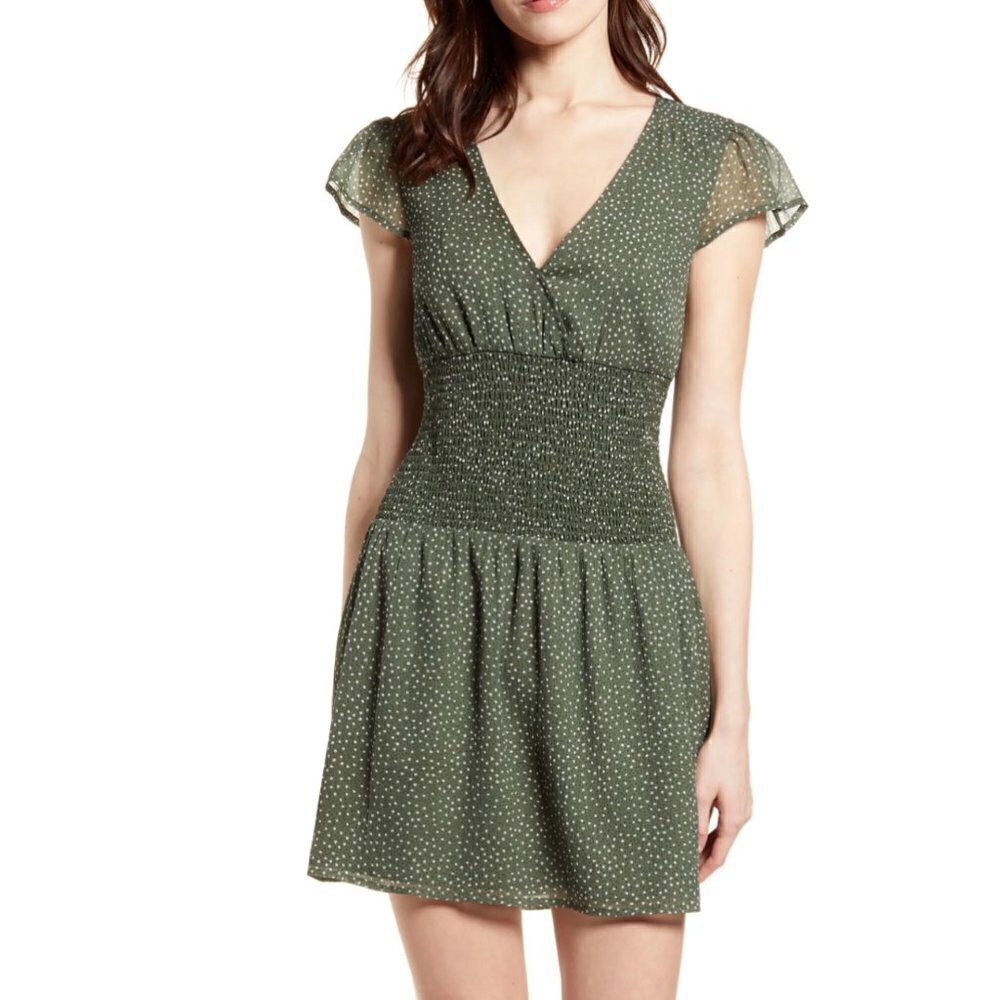 BP Smocked Waist Chiffon Mini Dress Green and White Polka Dot Sz XS